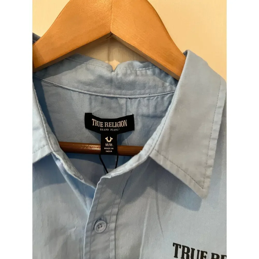 True Religion Utility Button Down Short Sleeve Shirt Light Blue M